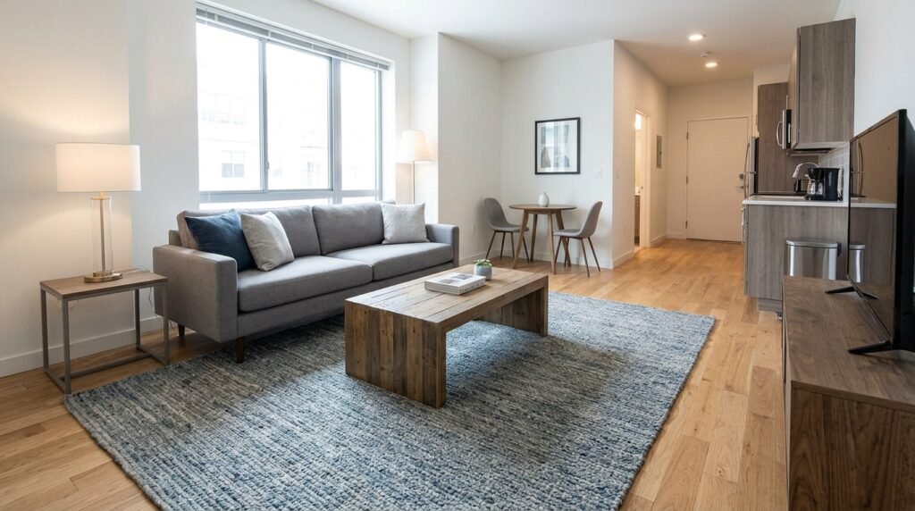cozy small apartment corner with throw pillows, a rug, and minimal decor