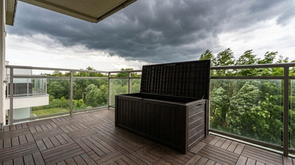 cozy small balcony with outdoor rug, folding chair, and fairy lights at dusk
