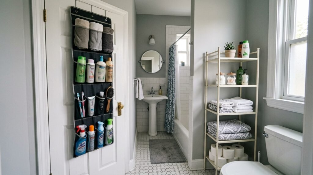 small bathroom with over door organizer and freestanding shelf for extra storage