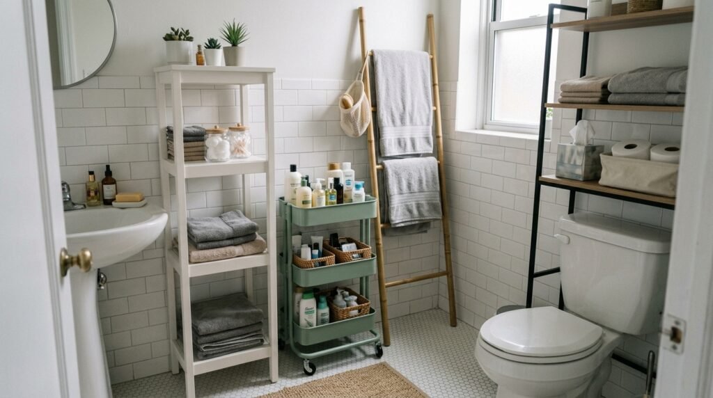 tiny bathroom organized without renovation using freestanding storage solutions
