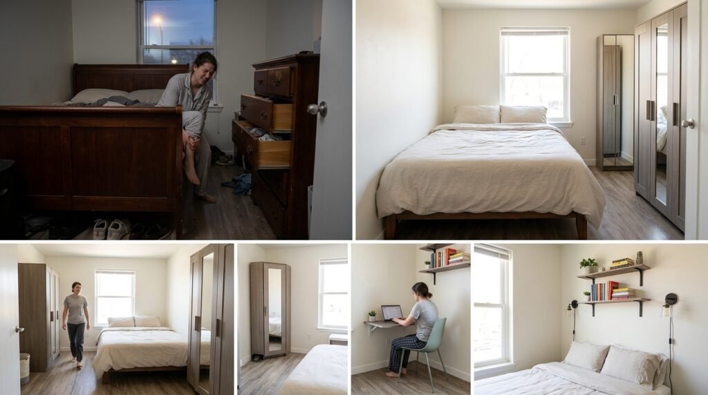 small bedroom with poor furniture layout showing cramped space
