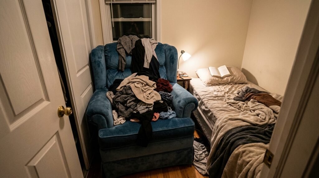 overhead view of small bedroom layout with bed against wall 