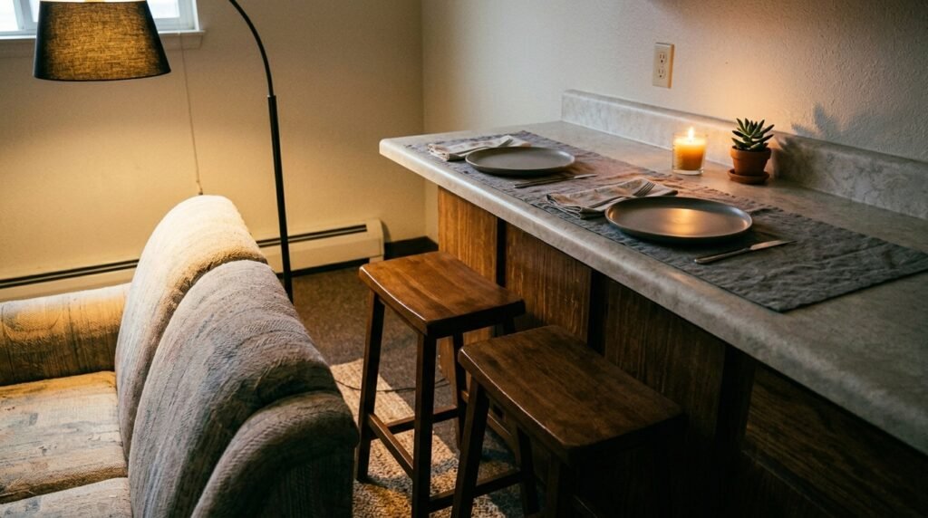small dining area in an open floor plan apartment with round table and two chairs
