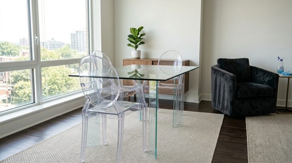 close up of compact dining table set for two in a studio apartment kitchen are