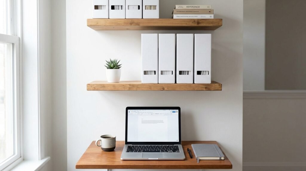 close up of organized home office desk with cable management and a small plant