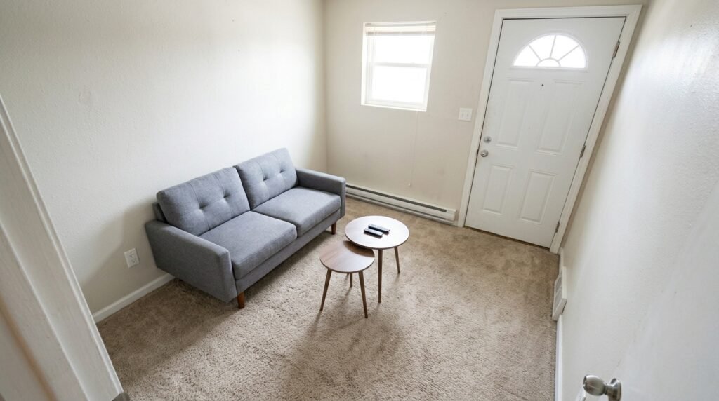 small living room with furniture pulled away from walls to create open flow