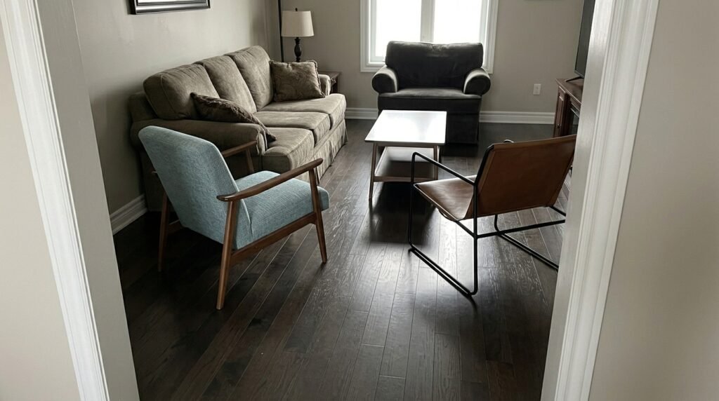 overhead view of small living room furniture arrangement maximizing floor space