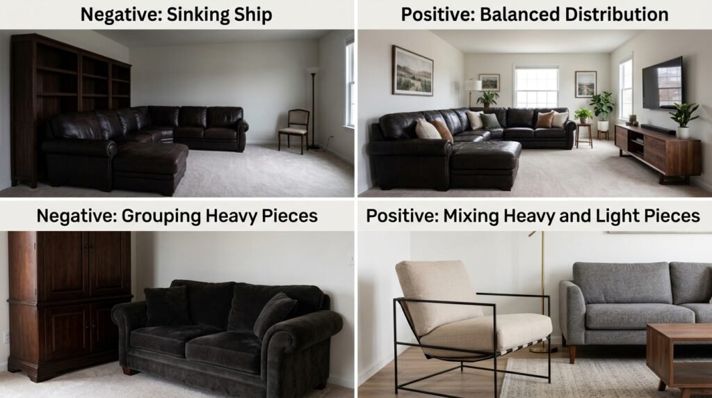 overhead view of small living room furniture arrangement maximizing floor space