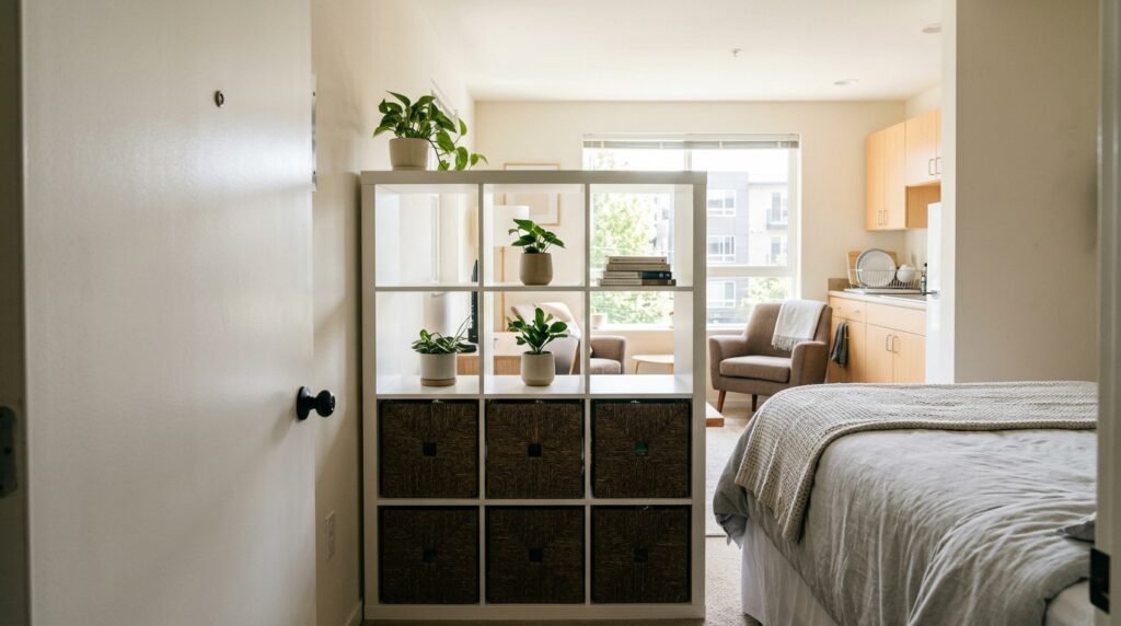bright studio apartment interior with defined living and sleeping zones