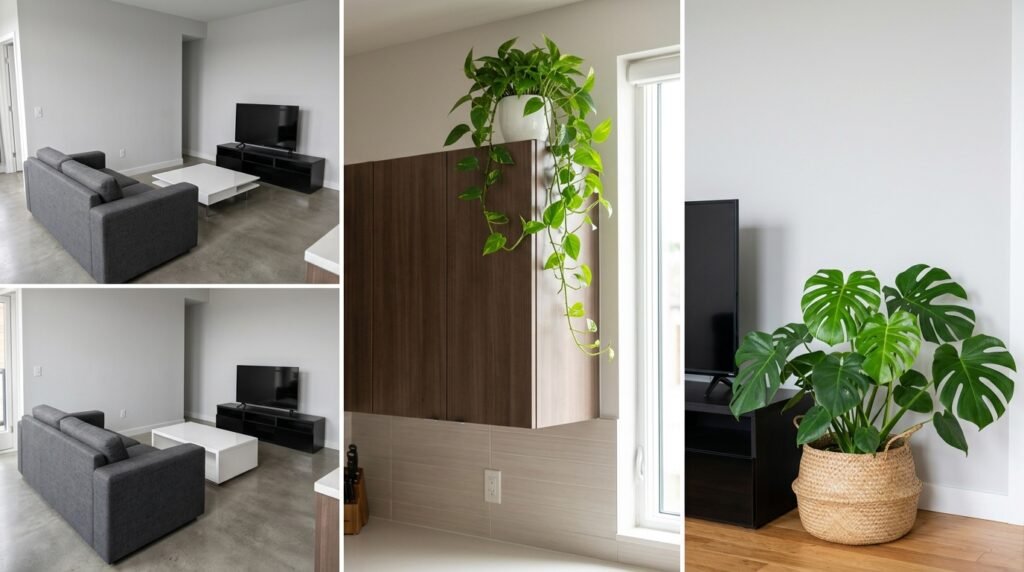 
cozy studio apartment with warm lighting, curtains, and personal decor touches