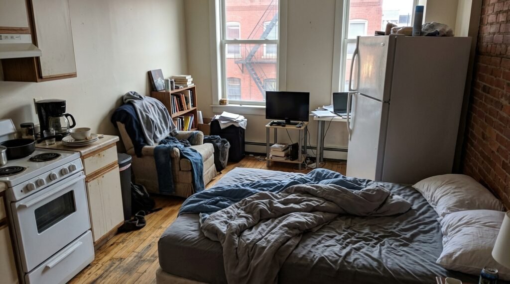 studio apartment divided into living and sleeping zones using a bookshelf and rug