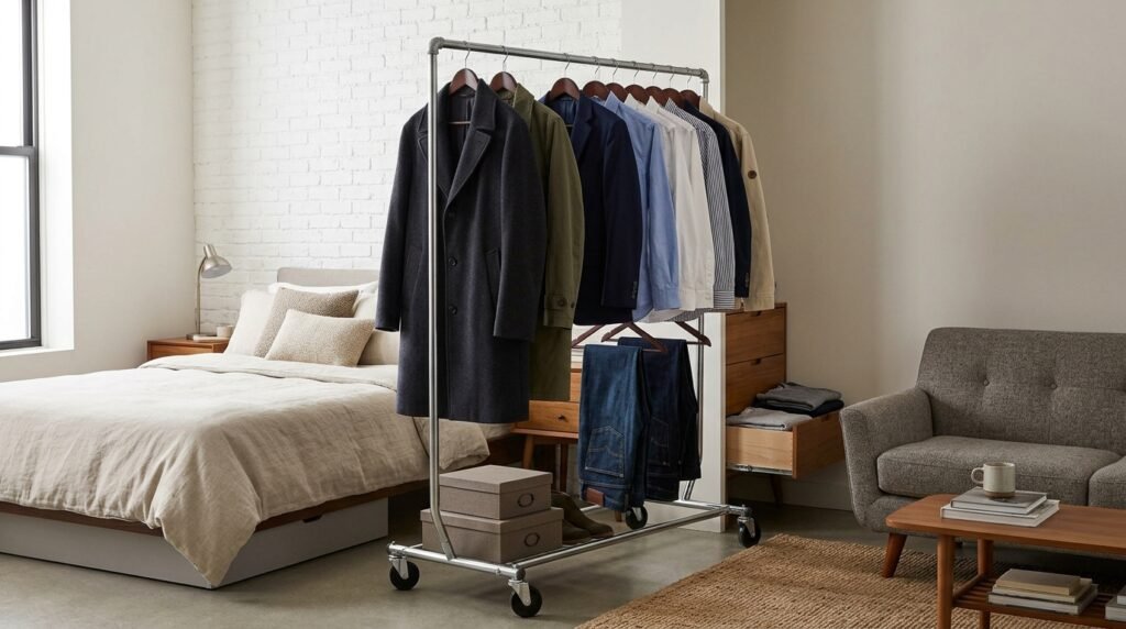 studio apartment with curtain divider separating the bedroom area from the living space