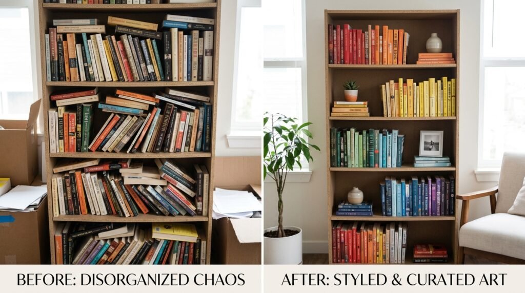 styled bookshelf with grouped books, plants, and decorative objects in a small apartment