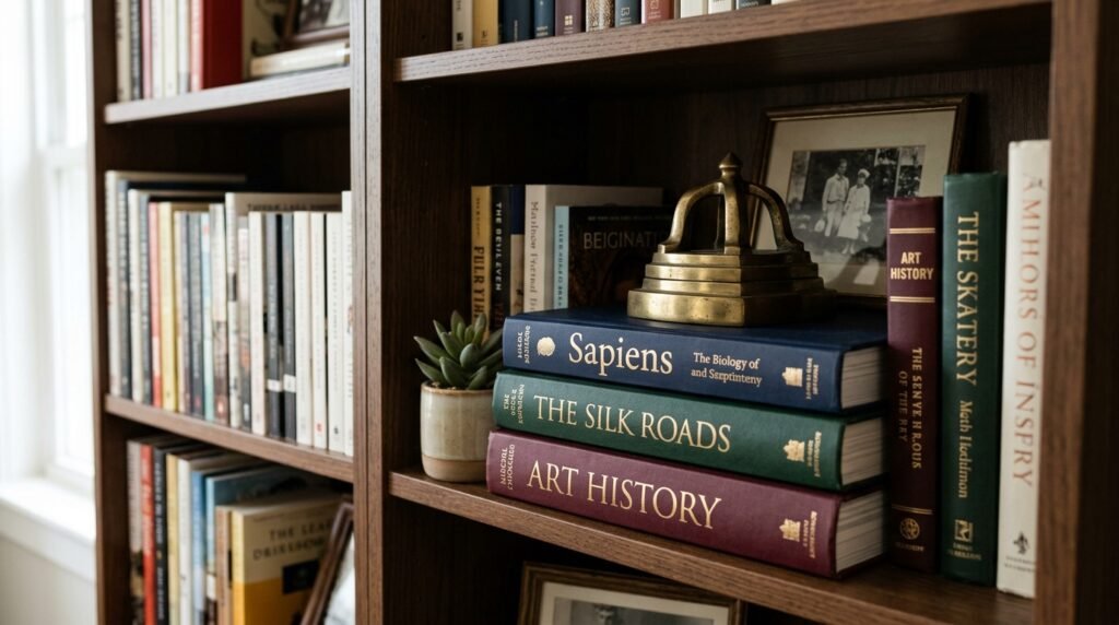 close up of bookshelf shelf styled with a small plant, candle, and stacked books