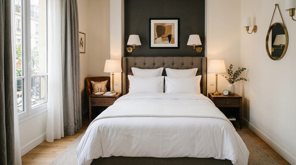 small bedroom styled like a boutique hotel with white bedding, symmetrical nightstands, and a lamp