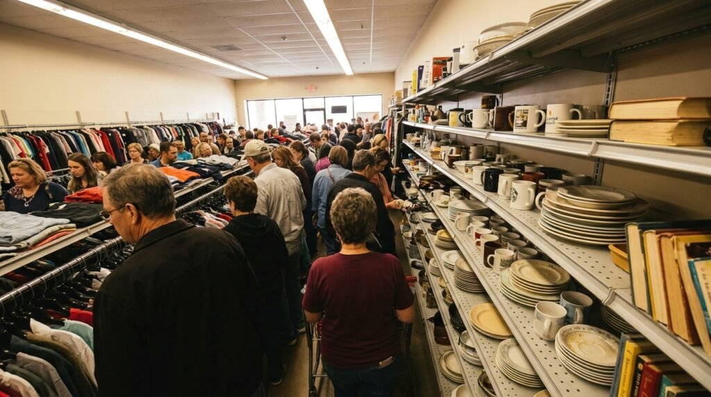 thrift store home decor finds including vases, frames, and wooden bowls on a table