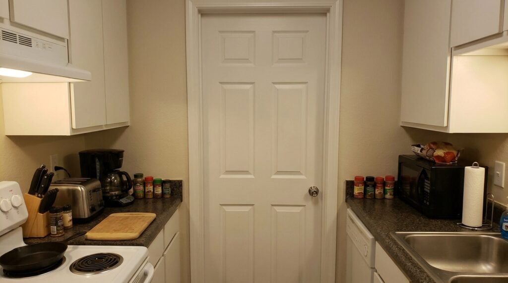 close up of magnetic knife strip and spice jars mounted on kitchen backsplash