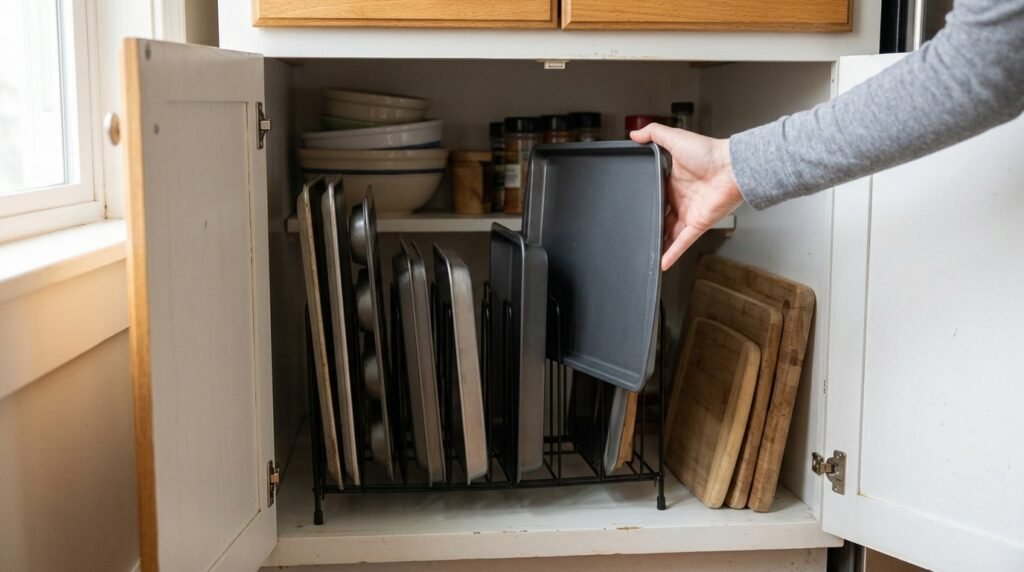 small kitchen countertop organized with tiered shelf and minimal clutter