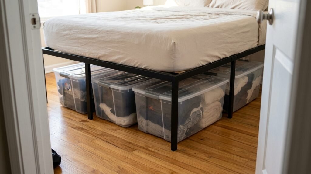 close up of under bed storage boxes neatly labeled and stacked