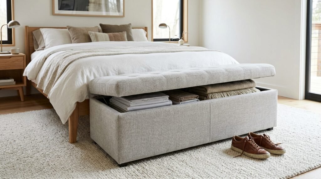 tidy small bedroom with raised bed frame revealing organized storage underneath
