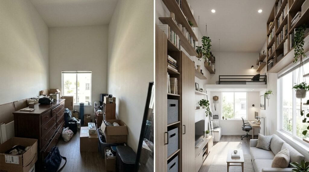 small apartment with tall bookshelf and wall mounted shelves using vertical space