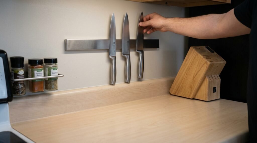 close up of floor to ceiling shelving unit in a small living room